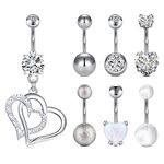 D.Bella 14G Belly Button Rings for Women Dangle Heart Shaped Belly Bar Stainless Steel Curved Barbell Navel Ring Body Jewelry Piercing 7 Pcs