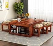 Sheesham Wood Mr Arts Vesta Coffee Table For Living Room|Coffee Table With 4 Stools|Center Table|Tea Table|Sofa Set Center Table In Honey Finish