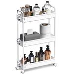 SOLEJAZZ 3-Tier Storage Trolley Cart Slide-out Slim Rolling Utility Cart Mobile Storage Shelving Organizer for Kitchen, Bathroom, Laundry Room, Bedroom, Narrow Places, Plastic,White