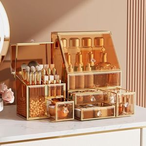 CoralHouse Amber Large Cosmetic Organizer - Skincare & Makeup Storage for Vanity - High Hardness Glass Countertop