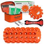 HOKENA 14 Piece Set - LED Road Flares Emergency & Car Safety Kit - Roadside Warning Beacon Disc for Vehicle & Boat with Batteries Included, Thermal Blankets, Bonus Seatbelt Cutter & Window Breaker