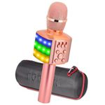 BONAOK Wireless Bluetooth Karaoke Microphone with Colorful LED Lights, 4 in 1 Karaoke Machine Player Recorder Portable Microphone, Kids for Android/iOS/PC (Pink)