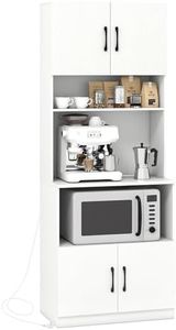 Giantex Pantry Cabinet with Power Outlets, Freestanding Narrow Kitchen Hutch with 4 Doors, Microwave Countertop & 2 Adjustable Shelves, Modern Storage Cupboard for Living Room Dining Room