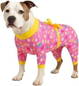 LovinPet Dog Outfits for Big Dogs Boy, Uv Protection Tshirt, Anxiety Calming Pet Pajamas, Stretchable 4 Legged Large Dog Jumpsuit, Pink Treats Print, Pajamas for Big Dogs,XL