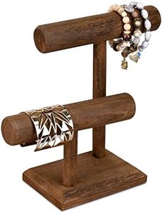 Ikee Design 2 Tier Wooden Jewelry Bracelet Watch Display Tower, Bangle Scrunchie Necklace Holder Storage Stand, 7.9" W x 4.3" D x 9.4" H, Brown Color