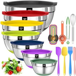 AIKKIL Bowls with Airtight Lids, 20 piece Stainless Steel Metal Nesting Bowls, Non-Slip Colorful Silicone Bottom, Size 7, 3.5, 2.5, 2.0,1.5, 1,0.67QT, Great for Mixing, Baking, Serving