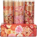 LGEGE 15 Rolls Splendid Gold & Red Washi Tape Set, 30/20/15/5 mm Wide, Floral Pattern Gold Foli Print, Japanese Masking Tape Décor for Scrapbook, Bullet Journal, Gift Wrapping, DIY Craft (2m)