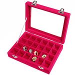 BASUWELL 24 Grid Velvet Jewelry Tray for Drawers Glass Clear Lid Showcase Display Storage Ring Trays Holder Earrings Organizer Case-Rose red