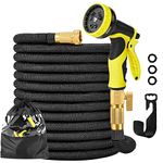 Expandable Garden Hose 100 ft Water Hose 3750D Extra Strength Fabric Flexible Retractable Hose with Triple Layer Latex Core 3/4" Solid Brass Fittings, 10 Function Nozzle, Black