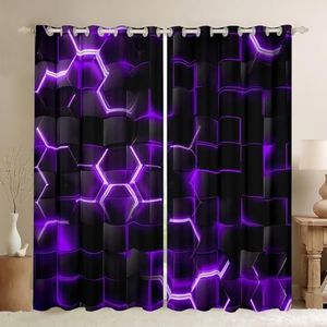Feelyou Purple and Black Darkening Drapes (2 Panels, 52 x 96 Inch) Honeycomb Curtains Living Room Hexagon Theme 30%-50% Blackout Curtains Geometrical Beehive Window Treatments
