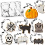 MUMSUNG 8PCS Halloween Cookie Cutter Set, Stainless Steel Metal Halloween Cookie Cutter Shapes - Ghost, Black Cat, Bat, Pumpkin, Skull, Spider Web, Teeth, Tombstone (with PP Storage Box)