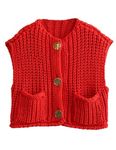 Bozanly Womens Chunky Knit Sweater Vest Cute Button Down Sleeveless Crop Crochet Cardigan Vest, Red, Small