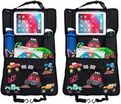 HECKBO 2x car backseat organizer with adjustable tablet pocket for tablets up to 20 inches with touch foil - monster truck - universal fit - incl. thermo pocket + stretch net pocket - washable