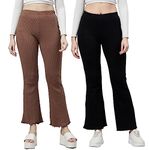 BLINKIN Ribbed Stretchable Flared Pants for Women|Boot Cut Bell Bottom Pants for Women -Ideal for Yoga,Gym Wear, Casual Wear & Office Wear Trousers for Women (Color_Black-Brown,Size_5XL)