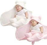 BRANDONN Fleece Single Hooded Wrapper Blanket, White, Pink, 2 Pcs, lightweight