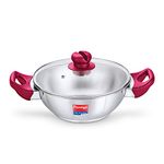 Prestige Platina Popular Stainless Steel Gas and Induction Compatible Kadhai with Glass Lid, 24 cm, Silver