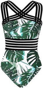 Hilor Women's Sexy One Piece Swimsuit Modest Swimwear Twist Front Bathing Suits Swimwear Green&Blue Leaves XXL/US16