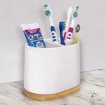 DAILY RITMO® Large Toothbrush Holder with Bamboo Base | for Electric and Kids Tooth Brushes | Unique Minimalist Aesthetic White Ceramic Marble Like Comb, Makeup Brush, Toothpaste Cup