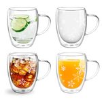 Topsky 4-Pack Double Walled Glass Coffee Cups,12oz Clear Glass Coffee Mugs with Handles,Coffee Mug with Snowflake,Latte Espresso Cups for Hot Drinks Tea Milk Juice,Dishwasher Safe