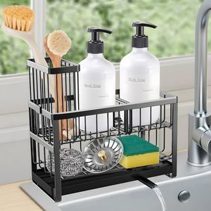 2 Tier Kitchen Sink Caddy, Sponge Holder for Sink, Rustproof Kitchen Sink Organzier and Storage with Brush Holder, Dish Soap Sponge Caddy with Auto Draining Tray for Counter