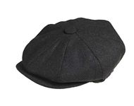 PEAKY BLINDERS 8 Piece 'Newsboy' Style Flat Cap -Melton Wool Fabric Black Herringbone