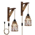 SEEBLEN Plug in Wall Sconces Set of 2,Farmhouse Hanging Lamps That Plug into Wall Outlet, Rustic Metal Cage Sconce with Wooden Bracket for Bedroom Living Room Headboard.