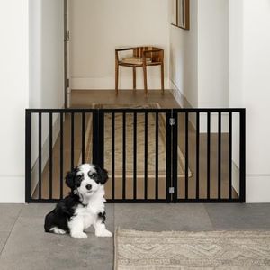 Petzly Foldable Dog Gate, Freestanding Pet Gate for Puppy Small Dogs and Cats, Dog Fence for House Stairs Doorway Bedrooms, No Drill Pet Barrier Indoor/Outdoor, 3 Panels Fence, Black - 141CM x 61CM