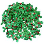 Christmas Holly Berries Embellishment, 100Pcs Mini Craft Berry Greens Leaf Sequins,Fabric Leaf Confetti for Christmas Card, Gift Tags, Table, DIY Craft Decorations.(3.5cm)