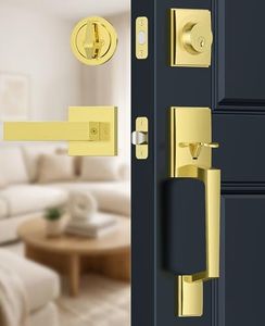 Brightify Gold Front Door Lock Set with Single Cylinder Deadbolt, Modern Exterior Door Handle Set with Reversible Lever, Adjustable Latch for Right/Left Handed Heavy Duty Entrance