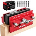 DAYDOOR Self Centering Doweling Jig, Adjustable Width Dowel Jig for Straight Holes, Biscuit Joiner Set with 6 Bushings and 3 Drill Bits(Red)