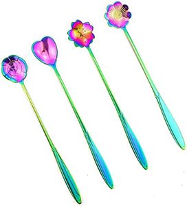 Flower Spoon Set of 4 PCS, LEEFONE 7" Flower Pattern Long Handle Spoon Stainless Steel Reusable Tea Scoops Stirring Spoon Ice Cream Spoon Coffee Spoon Sugar Dessert Cake Spoon (Rainbow)