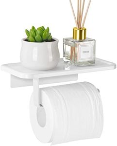 Toilet Paper Holder with Shelf, Homusthave Toilet Paper Roll Holder Self Adhesive & Screw Wall Mount, Aluminum Tissue Roll Holder with Storage for Bathroom Washroom White