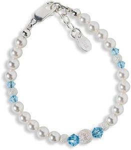 Cherished Moments Sterling Silver Bracelet for Newborn Baby Girls, Toddlers, Kids and Little Girls with High-End Simulated Pearls and Aqua Blue Crystals, Sterling Silver, no gemstone