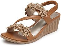 SHIBEVER Wedge Sandals for Women Dressy: Summer Open Toe Low Platform Wedges Sandals Elastic Ankle Strap Flower Comfortable Casual Shoes, 1805-brown, 5