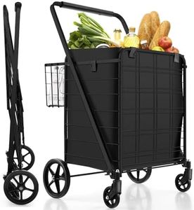 COSTWAY 126L/150kg Folding Shopping Trolley on Wheels, Metal Utility Push/Pull Cart with Removable Waterproof Liner, Back Basket & Foam Covered Handle, Rolling Grocery Trolley (Black)