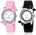 Acnos Silicone Premium Pink Black Strap White Dial Diamond Analog Watches For Girl Best Design Butterfly Combo 2 Pack Of 2, Pink Band