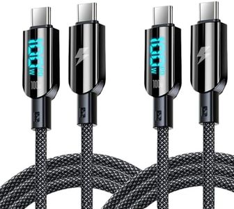 FOSION USB C to C Charger Cable, 2Pack 4FT USB C Cable 100W PD Fast Charging Cable with LED Display, 480Mbps High-Speed Transfer Nylon Braided USB Type C Cable for iPhone 16/15 Pro Max, Galaxy S24 23