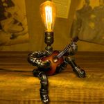 Fhomhair&Greine Music Guitar Table Lamp Art Decor, Cool Guitar Stuff Gifts for Men Music Lovers Guitar Players, Steampunk Pipe Man Edison Bulb Lamps, Retro Guitars Metal Pipe Industrial Robot Lights