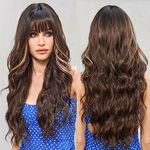 EMMOR Brown with Highlight Wigs for Women Long Curly Wigs with Bangs Heat Resistant Fiber Synthetic Wigs Daily Natural looking