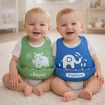 BabyGo Silicone Baby Bibs | Waterproof Adjustable Feeding Bibs for Infants & Toddlers, Soft, Washable, Easy-Wipe & Reusable Baby Apron Bibs for Mealtime | Set of 2 (Multicolor)