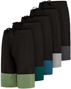 Real Essentials 5-Pack Youth Dry-Fit Active Athletic Basketball Gym Shorts with Pockets Boys & Girls, Set 13, L (12/14), Pack of 5