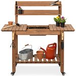 Best Choice Products Outdoor Mobile Garden Potting Bench, Wood Workstation Table w/Sliding Tabletop, 4 Locking Wheels, Food Grade Dry Sink, Storage Shelves - Brown Stain Finish