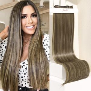 REECHO Hair Extensions, 4PCS Clip in Hair Extensions 24" Thick Long Straight hair extensions HE004 Invisible Lace Weft Natural Soft Synthetic Hairpieces for Women – Light Brown with Highlights