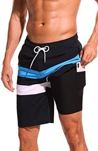 difficort Mens Swimming Trunks with Compression Liner Quick Dry Board Shorts Swimsuit with Zipper Pockets,Black+Blue+White,Small