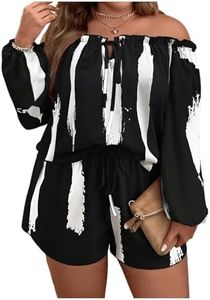 Floerns Women's Plus Size 2 Piece Boho Floral Off Shoulder Frill Trim Drawstring Front Top & Shorts Black and White 4X-Large Plus