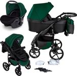 GaGaDumi Boston 3-in-1 Pram & Travel System - Lightweight Foldable Baby Pushchair & Buggy with Car Seat Rear & Forward Facing - Complete Set with Accessories Green Black