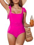 AI'MAGE Womens One Piece Swimsuit Belted 2024 Tummy Control Bathing Suits Square Neck Tie Shoulder Swim Suits Pink M