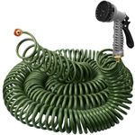 HEYTIMI 100 FT Lightweight Coiled Garden Hose EVA Flexible with 7 Function Nozzles and Brass Connectors for Garden Watering Plants Greenhouses Patios Olive Green