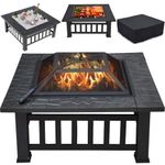 Yaheetech 3 in 1 Fire Pits for Garden Outdoor Patio Heater Metal Square Fire pit/Ice Pit Garden Accessories with Log Poker, Mesh Screen Lid and Waterproof Cover 81.2X81.2X50cm (with Lid)