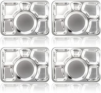 Hacaroa 4 Pack Stainless Steel Divided Dinner Plates, 15x10.6 Inches Snack Serving Plate with 6 Compartment, Metal Food Trays for Adults, Diet Food Portion Control, Picky Eaters